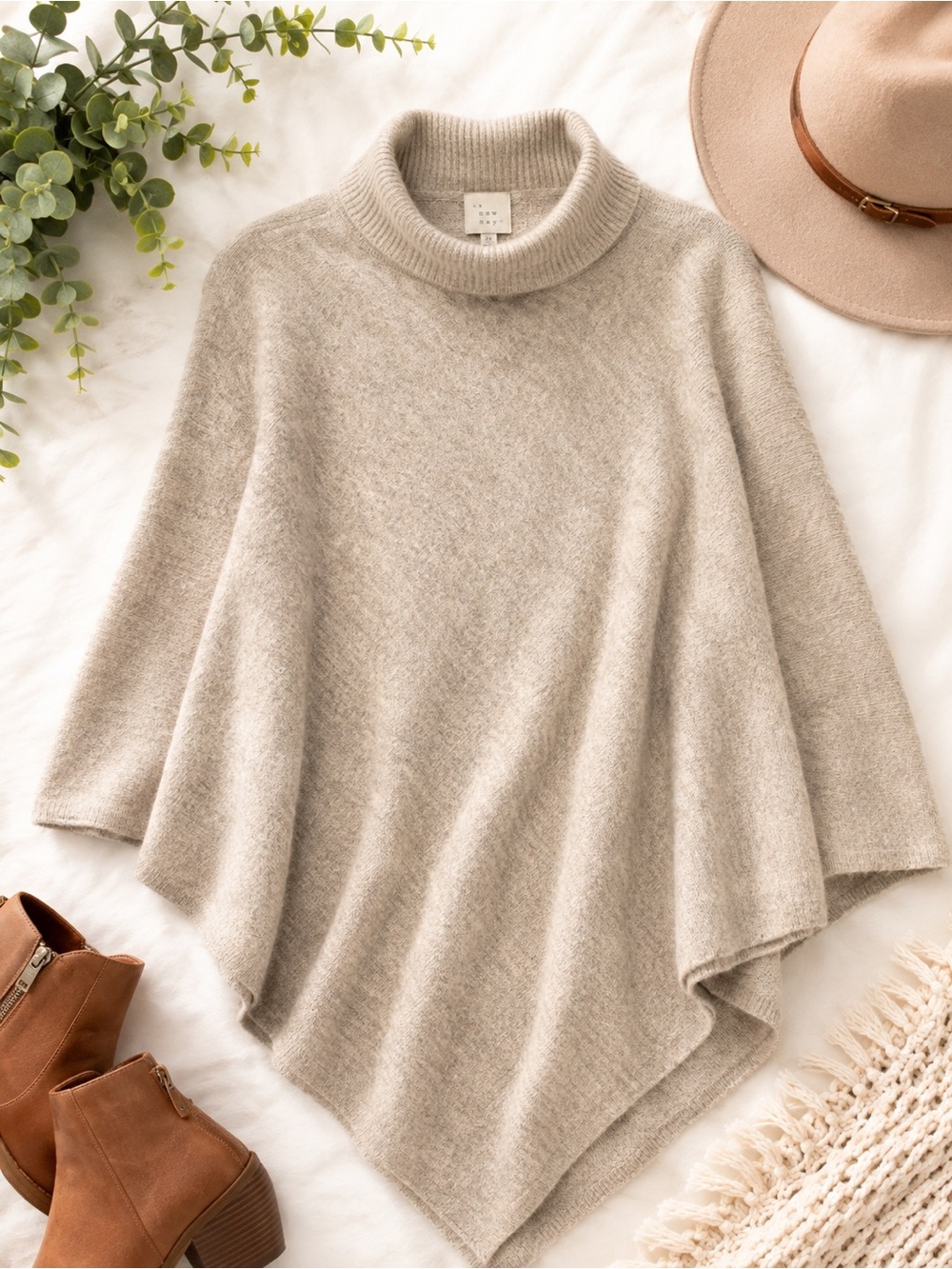 Neutral Turtleneck Poncho Cape - Beige